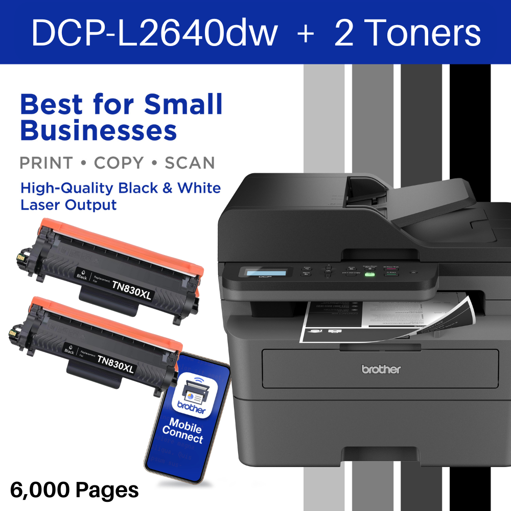 2 Extra Toners Plus Brother DCP-L2640DW Monochrome Multi-Function Laser Printer