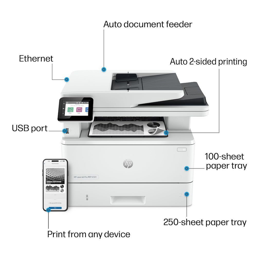 HP LaserJet Pro 4101fdw Wireless Laser Multifunction Monochrome Printer Copy Scan Fax