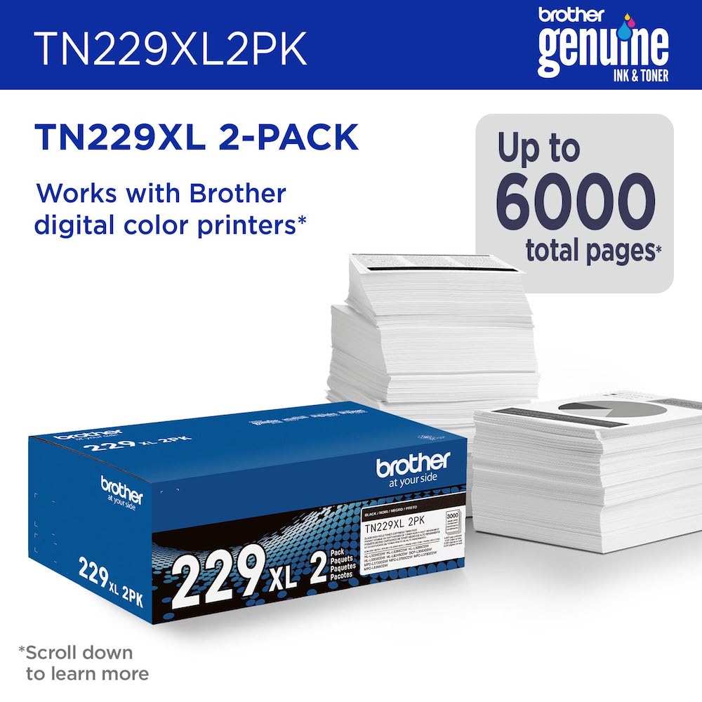 OEM Brother TN229XL, TN229XL2PK Toner Cartridge High Yield Black 3000 Pages Each