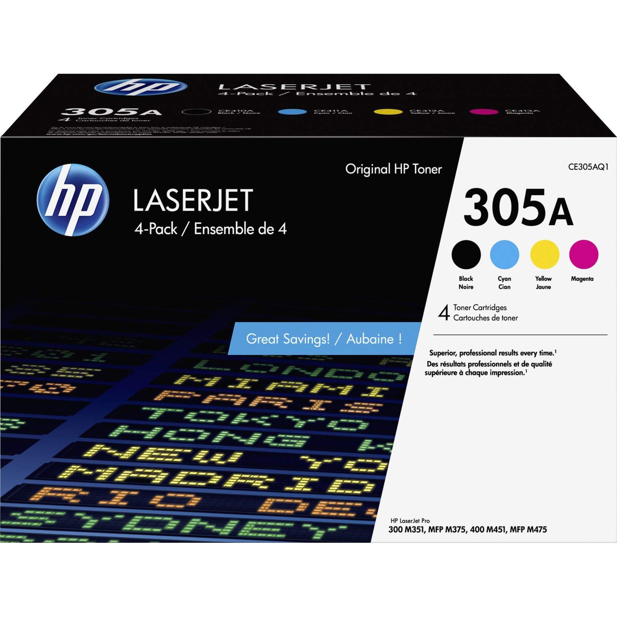 OEM HP 305A CE305AQ1 Toner Cartridge Black 1.52K CYM 1.8K Colors 4 Pack - TonerParts